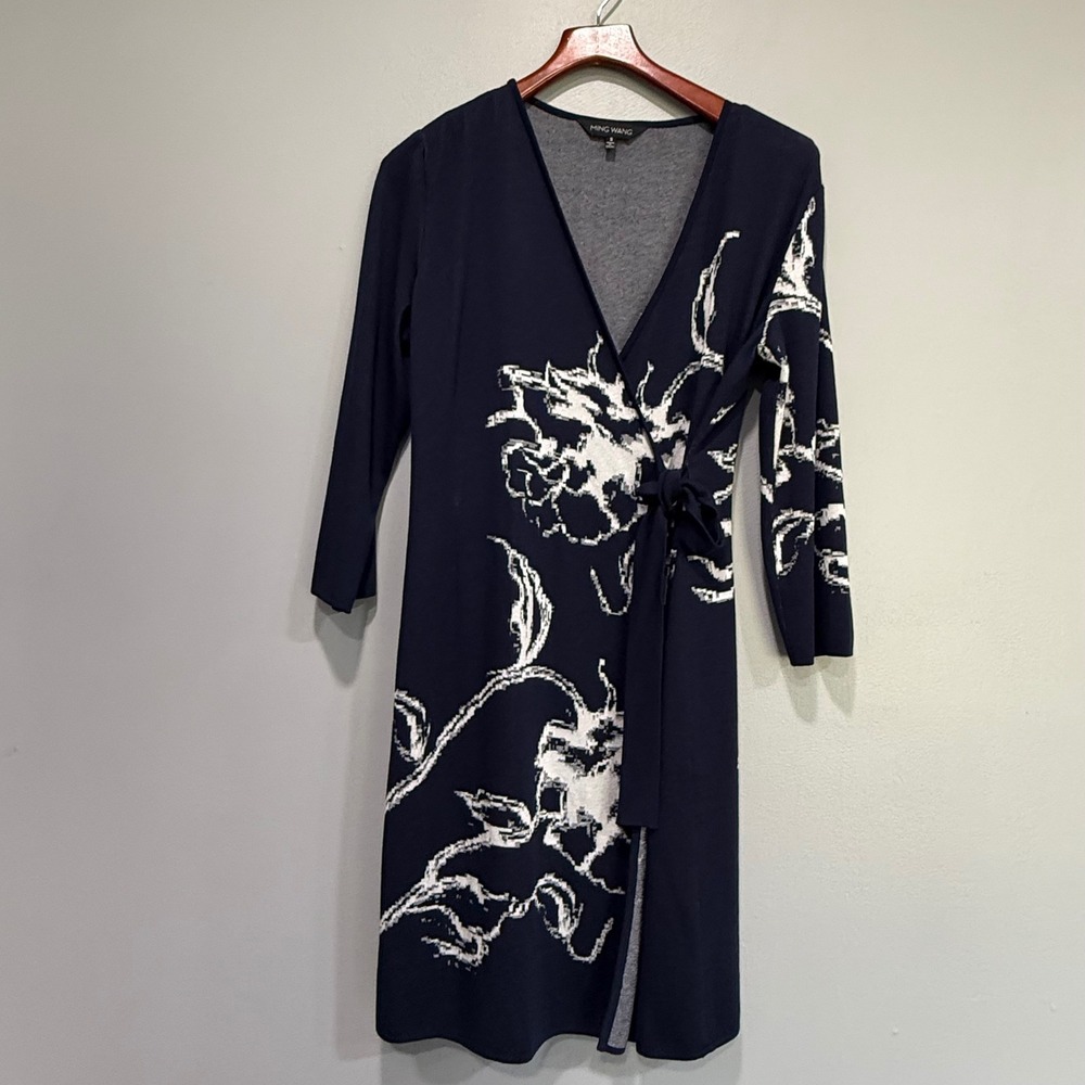 Ming Wang Navy‎ Blue White Floral Knit Wrap Dress 3/4 Sleeve Small RN73924